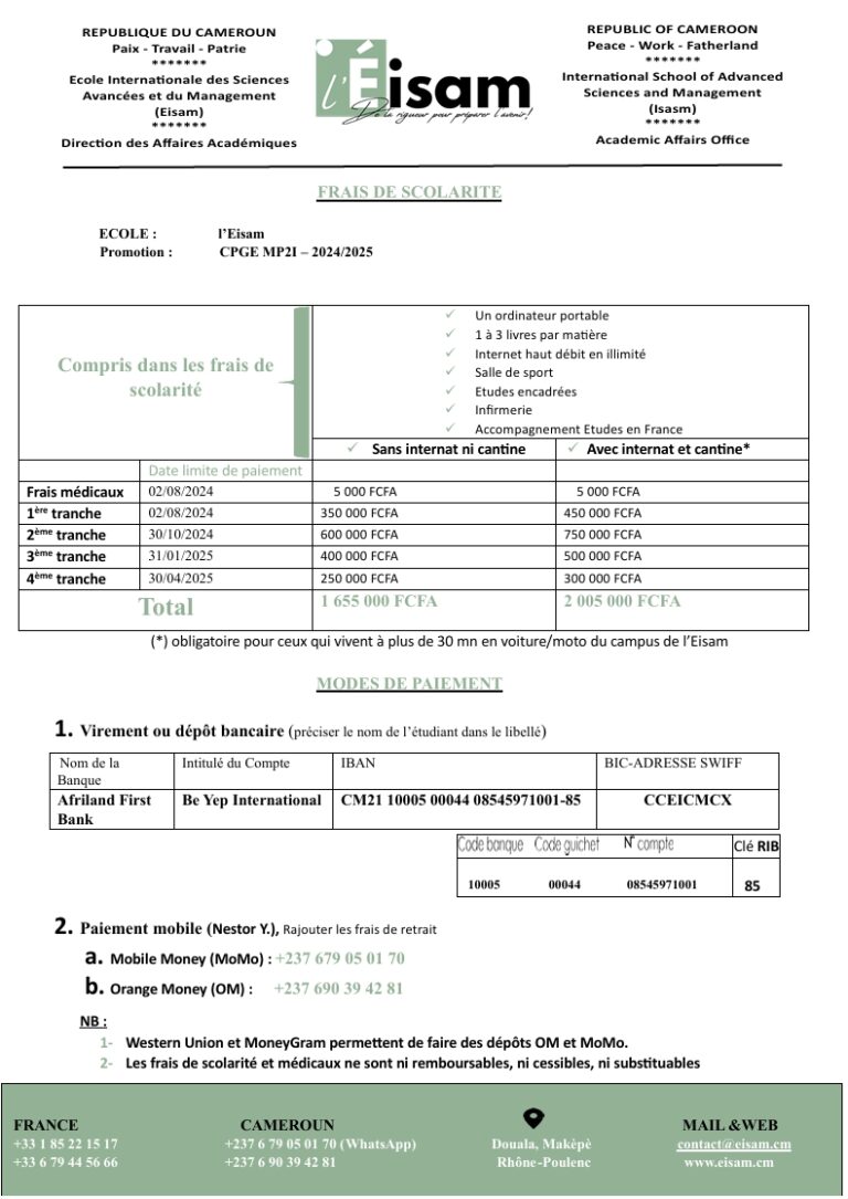 Informations concernant les frais de scolarité de l'Eisam année 2024/2025